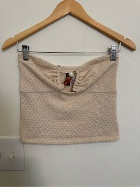 Divided Beaded Detail Beige Knit Tube Top